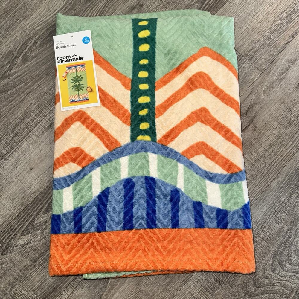 Room Essentials Beach Towel 36x72 Extra Long 100% Cotton Geometric Tropical NWT